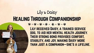 Lily pictured with Daisy, her trained service dog, whose companionship supports Lily’s mental health