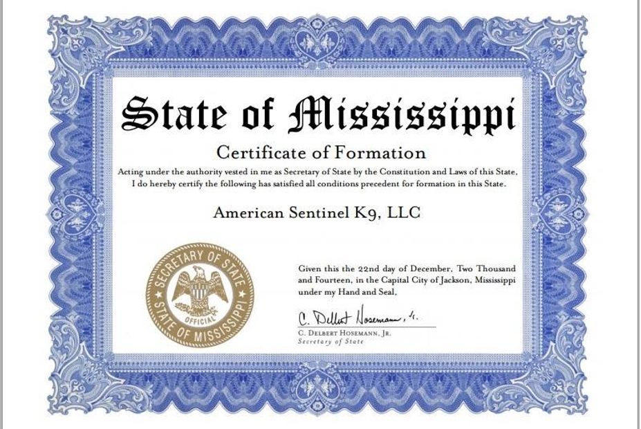 American Sentinel K9, LLC - State of Mississippi business license. Be sure your breeder is licensed.