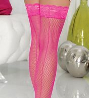 HOT PINK FISH NET STOCKING WITH LACE TOP.