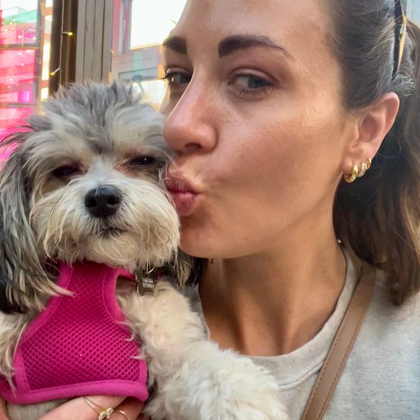 Woman kissing a small dog wearing a pink harness.