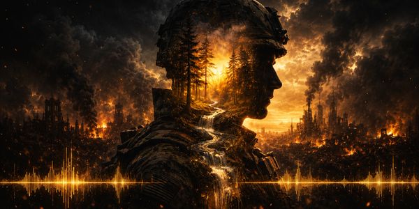 Silhouette of a soldier blending with a fiery forest and industrial background at sunset.