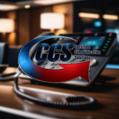 CCS Logo and a voip phone in a conference room.