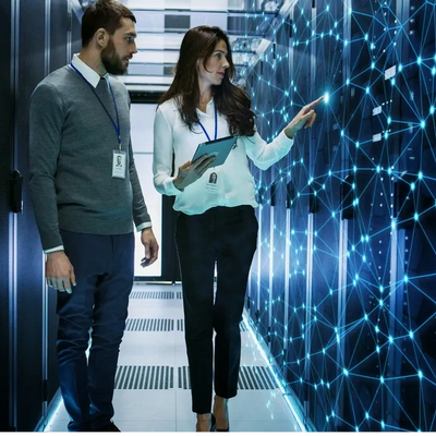 Two people are walking through a data center.