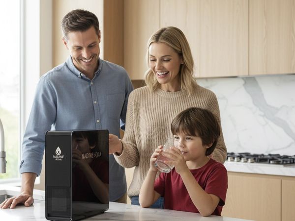 A happy family in a modern kitchen with a water purifier on the counter.