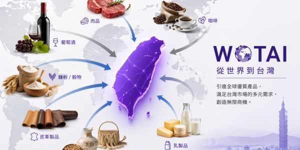 Illustration of Taiwan importing diverse global products like meat, coffee, wine, grains, leather, and dairy.