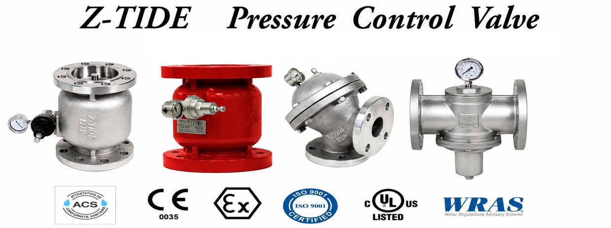Four industrial Z-TIDE pressure control valves with certification logos below.