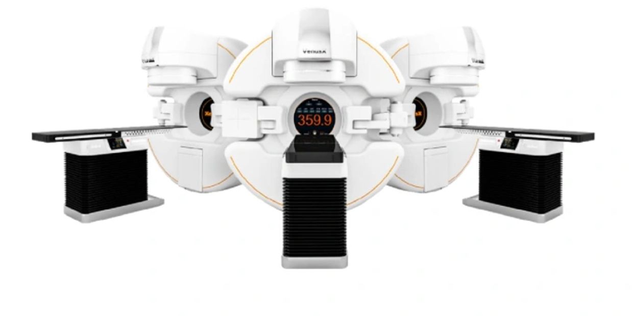 Advanced medical device with three connected scanner units and digital displays.