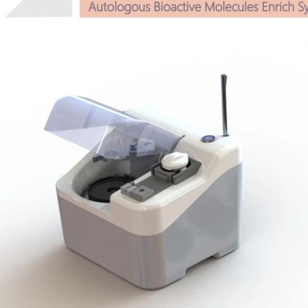 Compact medical device with a transparent lid and control knob.