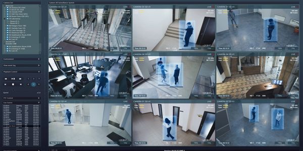 Security camera system showing multiple live surveillance feeds with people in various locations.