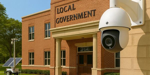 Surveillance camera monitoring a local government building's entrance.
