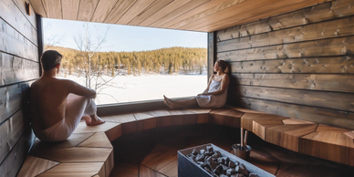 Two people relaxing in a wooden sauna with a snowy view outside.