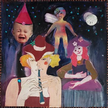 Party Pooper, colage on canvas 12" x 12"