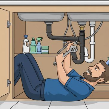 A plumber fixing pipes under a sink with a wrench.