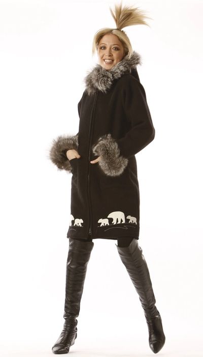 Authentic Canadian Arctic parka, knee-length jacket, fur trim, silver fox, polar bear appliqués