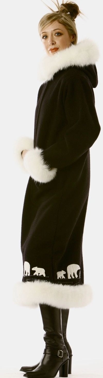 Glamorous dressy parka, polar bear appliqué. Arctic fox at the collar, cuffs and around the bottom. 