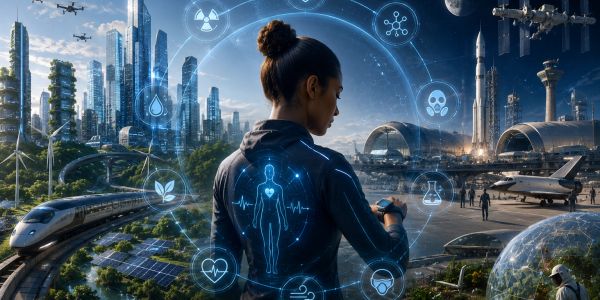 Woman using futuristic health technology in a high-tech cityscape.
