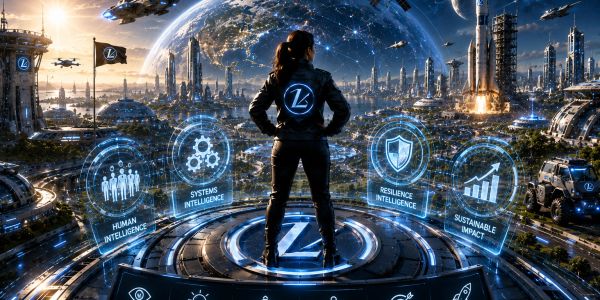 Futuristic city with a person overviewing intelligence systems.