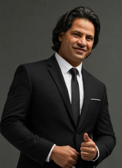 Confident man in a black suit smiling against a gray background.
