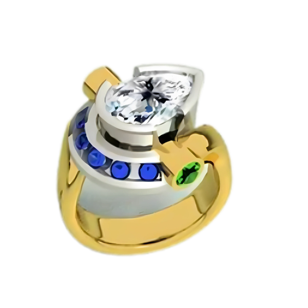 Yellow and White Gold Fashion Ring With Blue Sapphires, Tsavorite Garnet and Natural Pear Brilliant