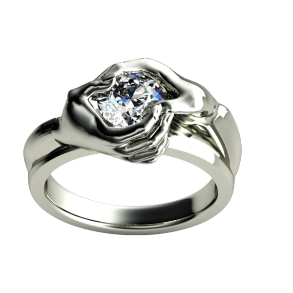 Silver ring shaped like hands holding a diamond.