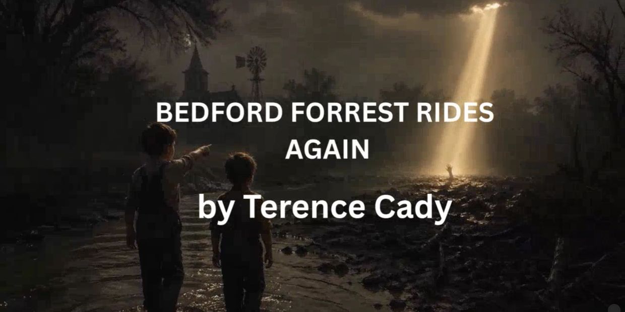 Two children watch a mysterious light beam in a dark forest scene.