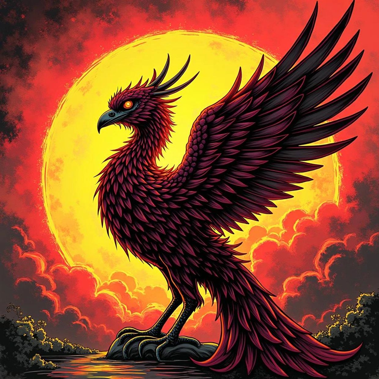 A fiery phoenix with wings spread against a glowing moon.