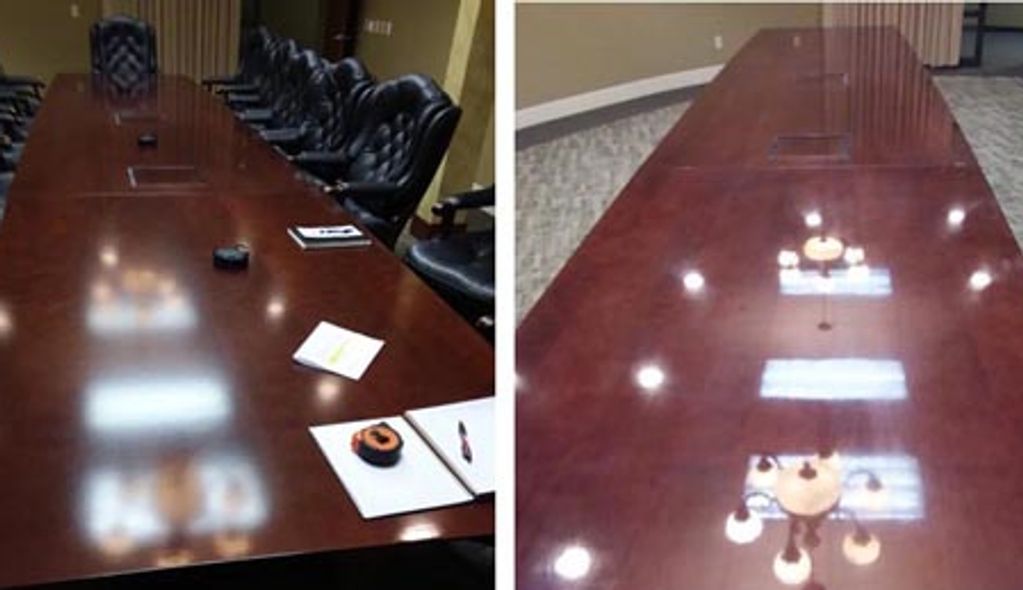Marion commercial furniture refinishing of a boardroom table. Mt Vernon commercial furniture repair.