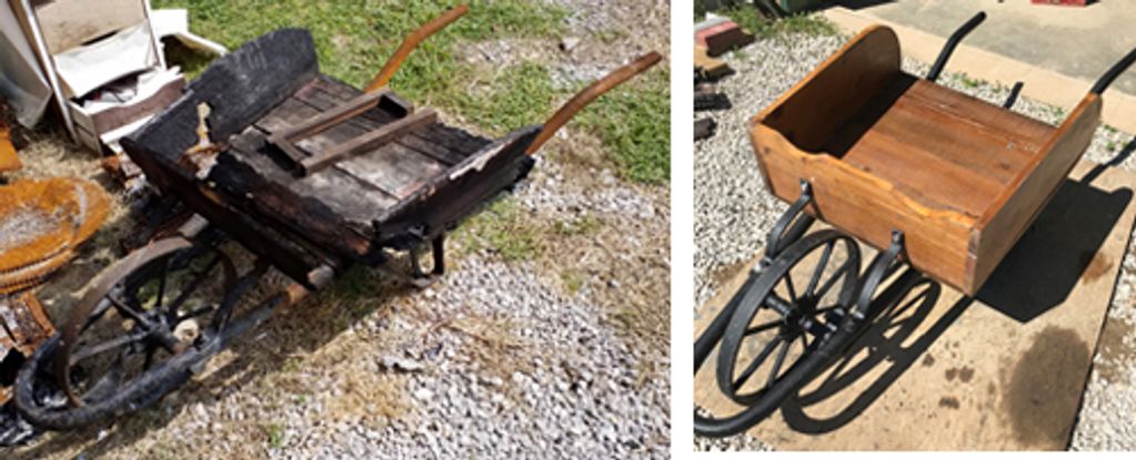 Southern Illinois fire restoration of an antique wheelbarrow. Carbondale furniture fire restoration.