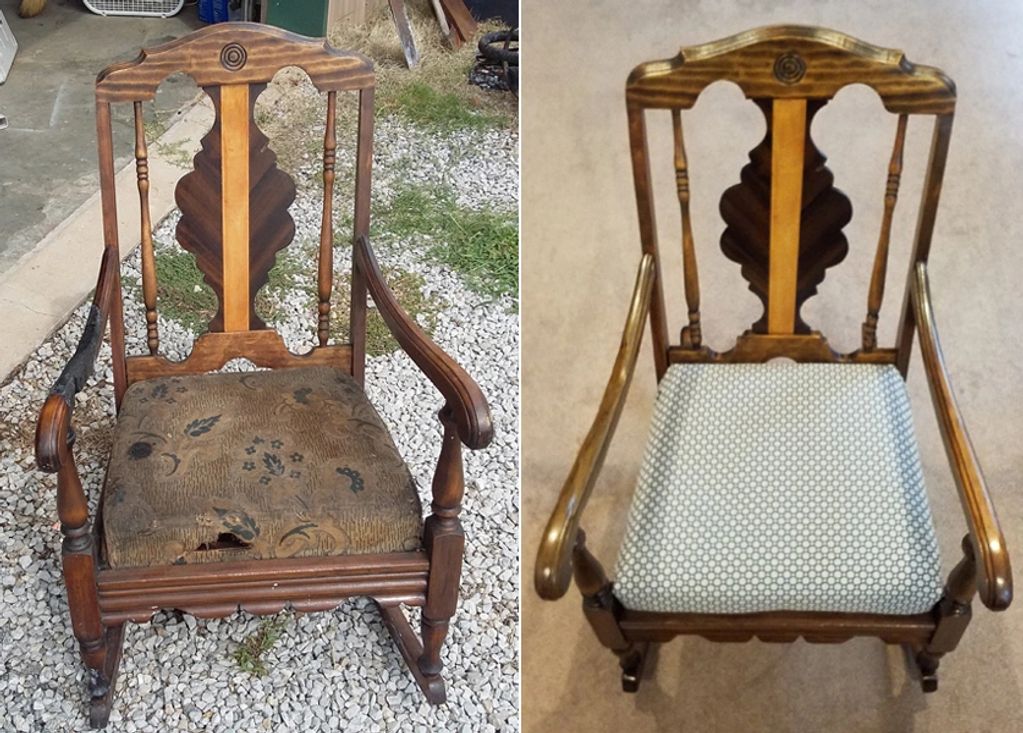 Southern Illinois furniture fire repair of a Lincoln Rocker. Southern Illinois fire restoration.