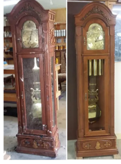 Damaged Grandfather clock. Carbondale fire restoration. Carbondale furniture restoration.