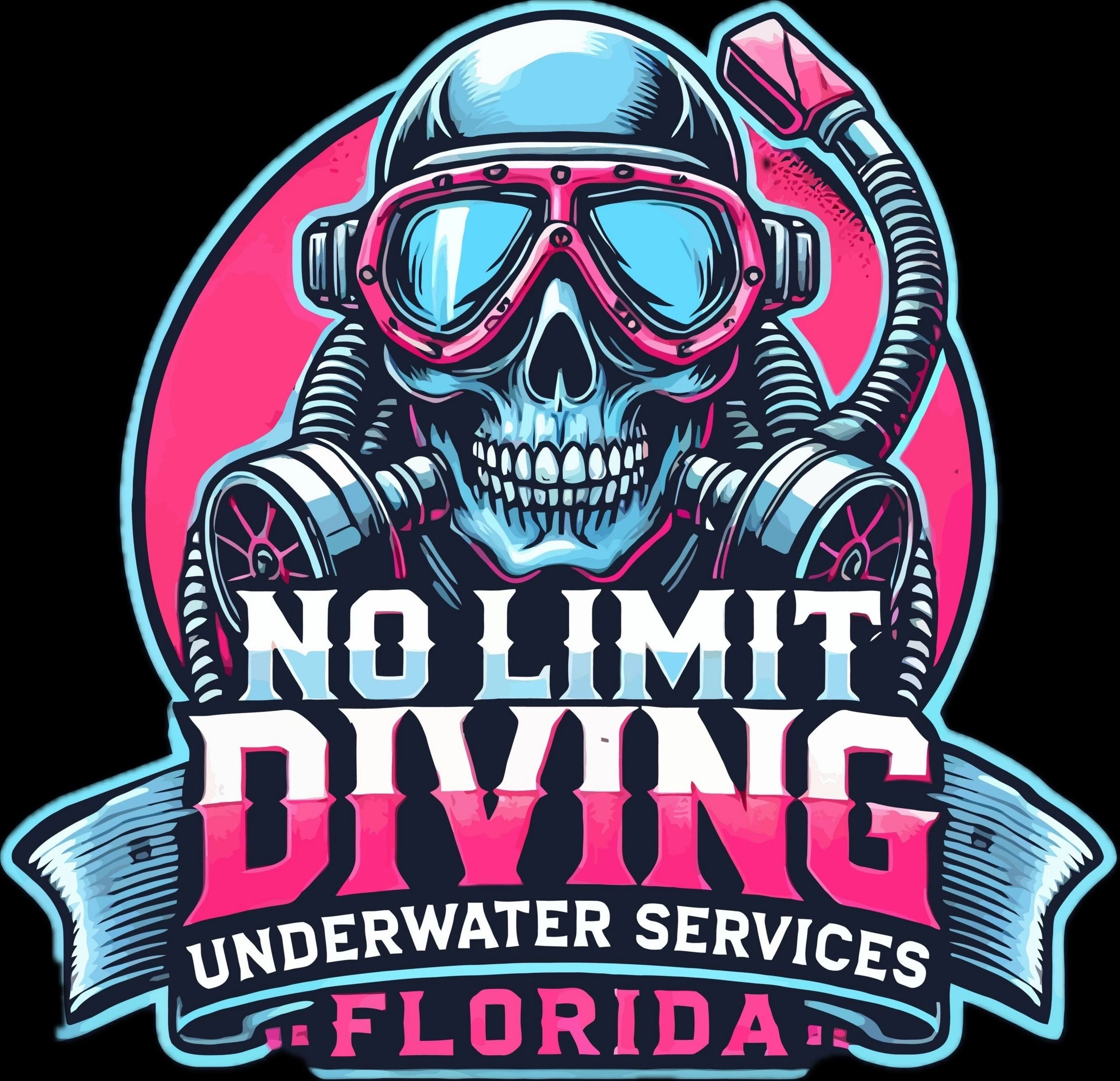 Skull in diving gear with bold text for No Limit Diving, Florida. Located in Palm Coast, Florida