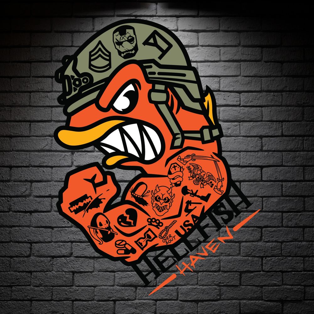 Hellfish Haven Logo(bad ass guppy covered in tattoos rocking a military helmet here to kick ass)