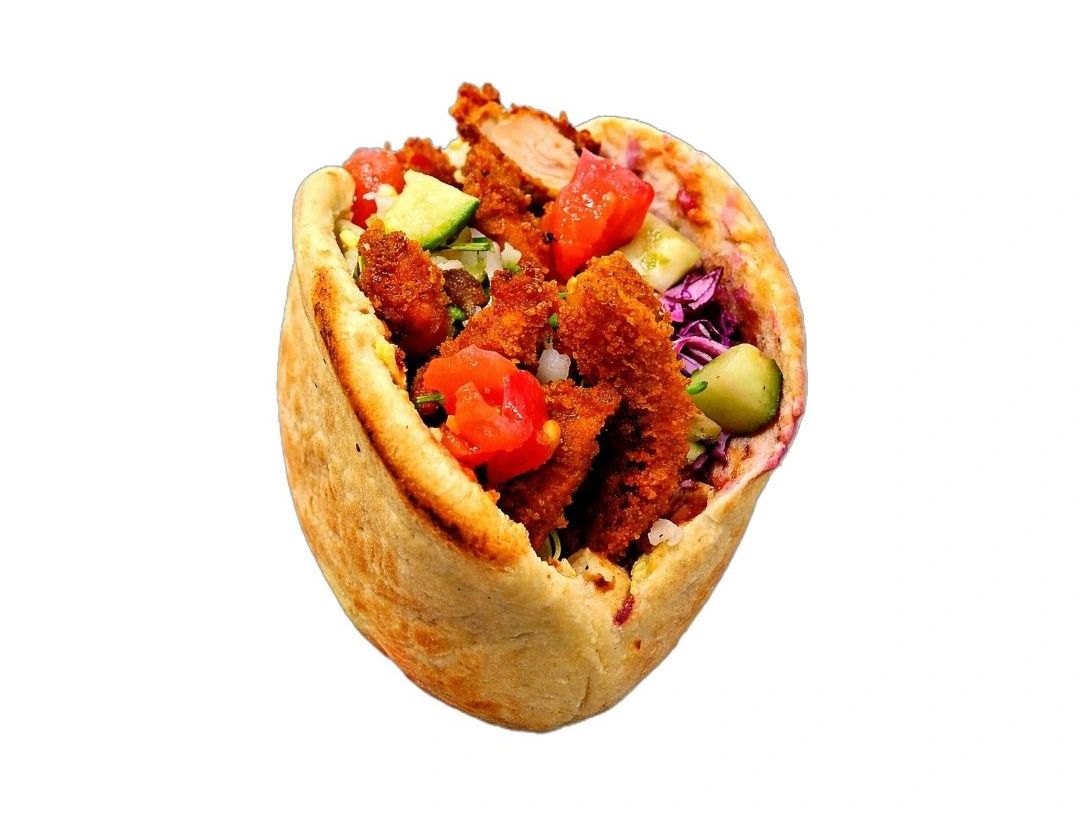 Crispy schnitzel in fresh baked pita with Israeli salads and sauces. Bold flavor made fresh daily.