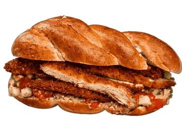 Crispy chicken schnitzel in fresh challah with salad and sauce. Bold Israeli flavor.