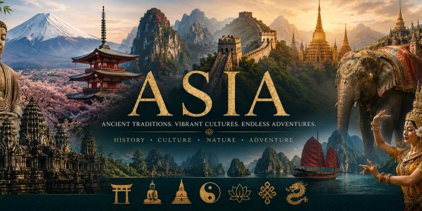 A vibrant collage representing Asia's culture, history, and nature with iconic landmarks and symbols.