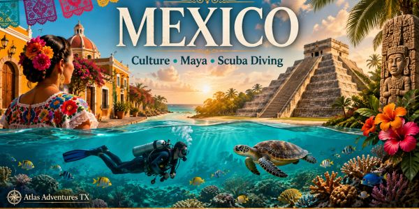 Vibrant Mexico travel poster showcasing culture, Maya ruins, and underwater scuba diving.