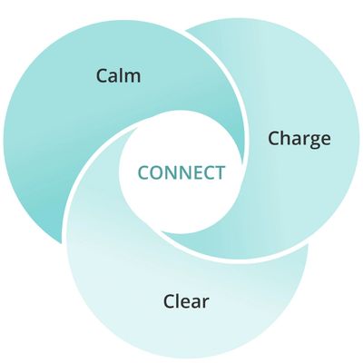 Illustration of Calm, Charge, Clear, Connect framework by Mark Moon — The X-Breath