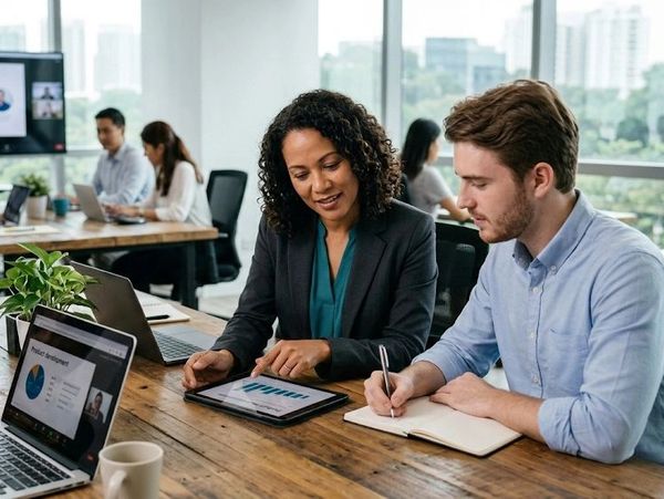 Two coworkers discussing data charts on a tablet in a modern office.