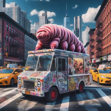 A pink tardigrade on a graffiti-covered ice cream truck in NYC, evoking a playful, art-vibe.