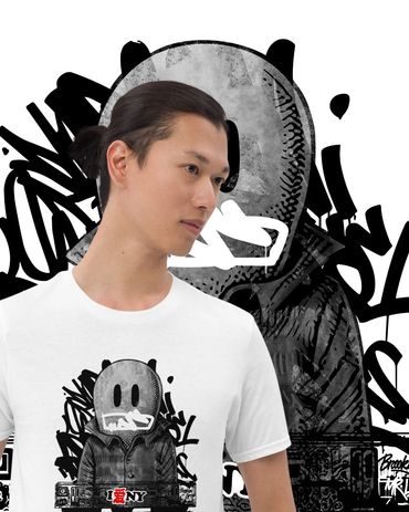 A model showcases the 'Metro Tee' t-shirt featuring a unique graphic of an urban-bold graffiti. 