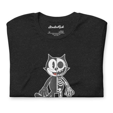 Black t-shirt featuring Felix the Cat with a visible skeleton, vintage charm with edgy design.