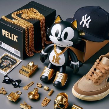 Felix the Cat figure with golden ccessories against a backdrop of NY Yankees cap and luxury items.