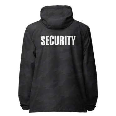 Unisex black camouflage windbreaker with 'SECURITY' print across the back, 