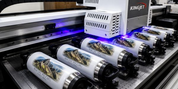 A machine printing Machu Picchu images on water bottles.