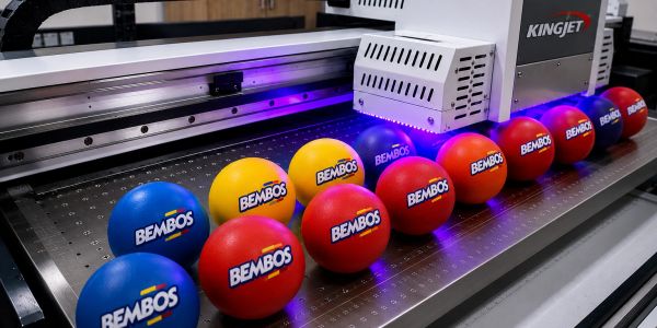 Colorful balls being printed with the BEMBOS logo by a KINGJET machine.