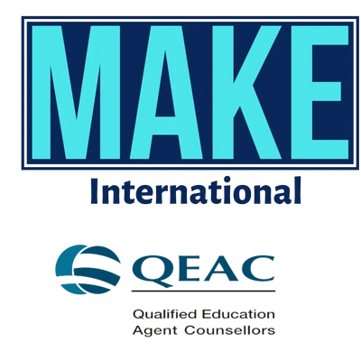 (navy blue and acqua colours) Make international logo + QEAC stamp