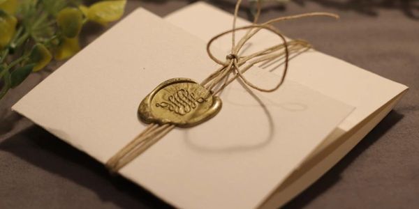 Elegant sealed envelope tied with twine and a wax seal, resting on a soft surface.