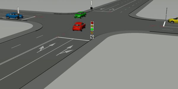 Traffic signal at an intersection with cars.