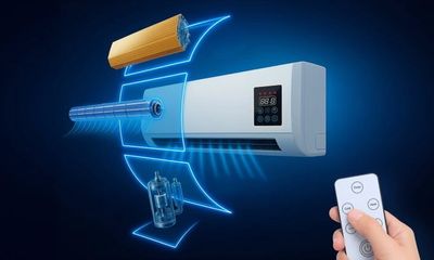 Hand holding remote controlling a smart air conditioner with digital display.