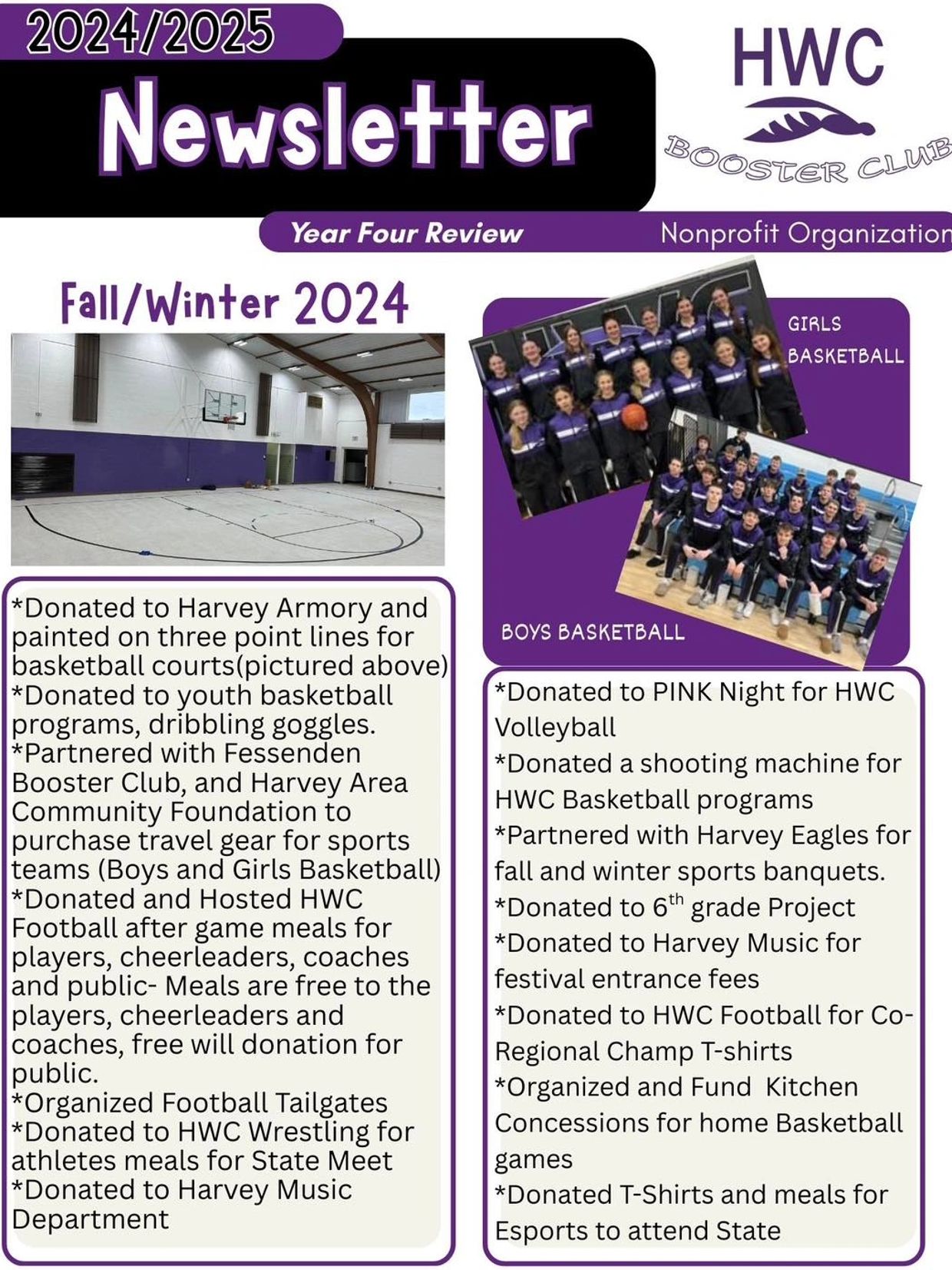 HWC Booster Club Fall/Winter 2024 newsletter highlights donations and partnerships for sports and community events.